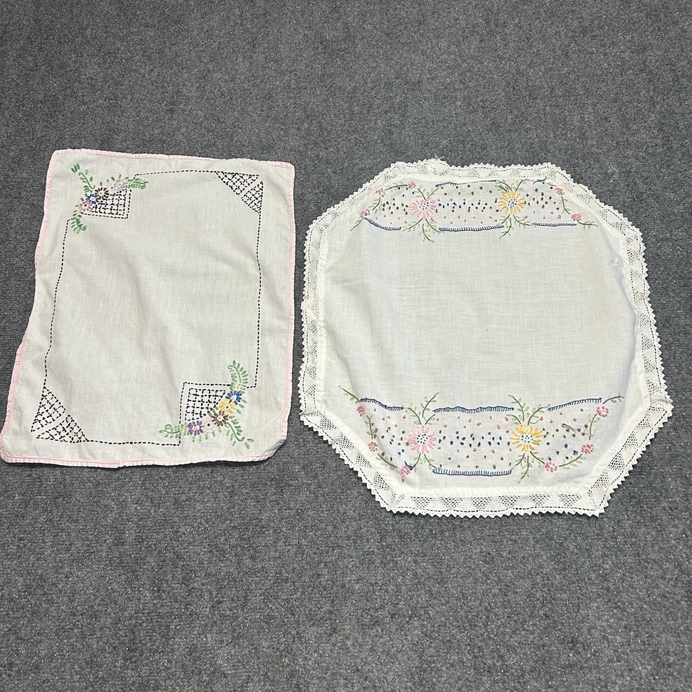 Vintage Needlepoint Cross-stitch Linens Doily Set Of 2 Floral‎